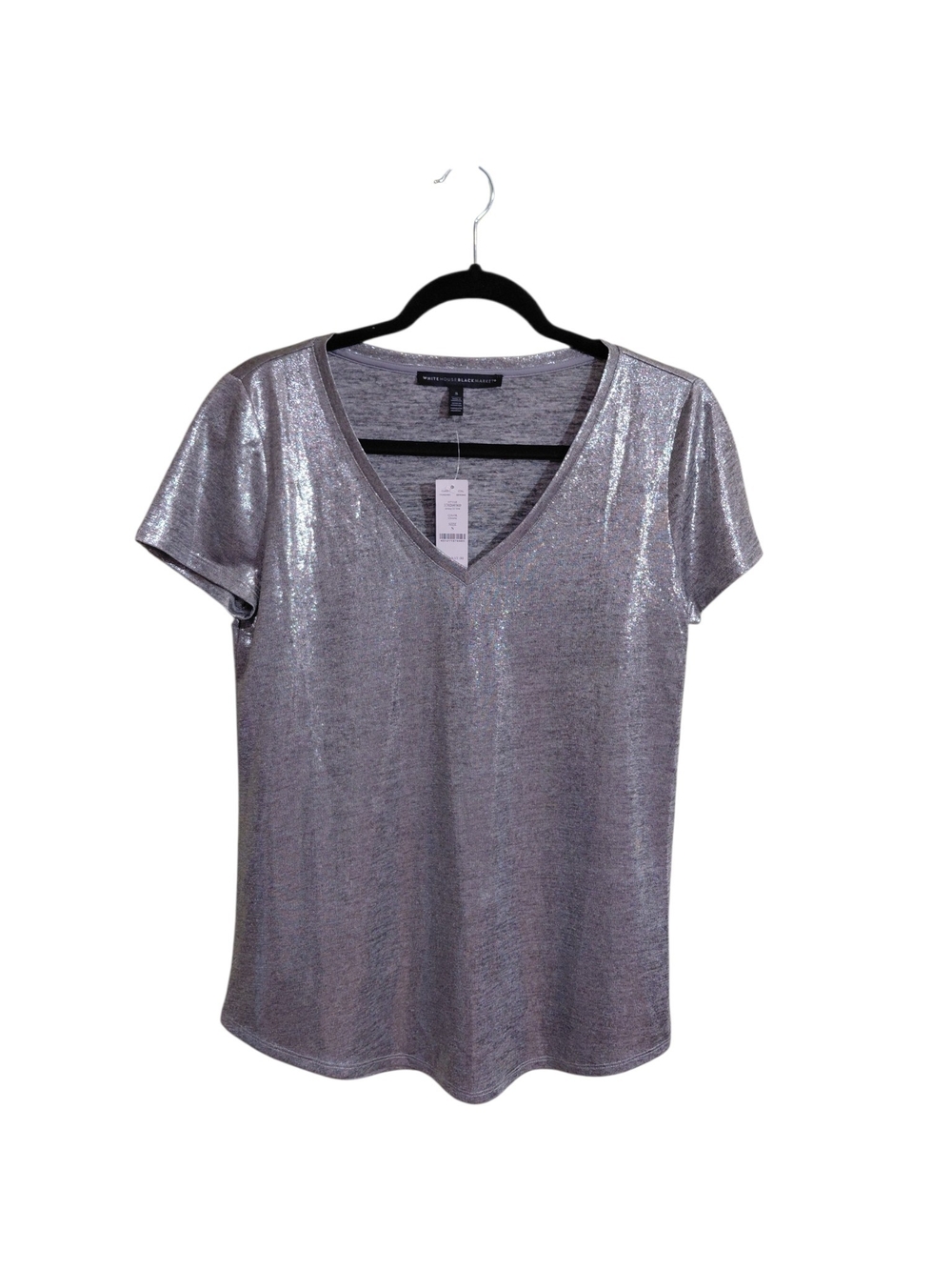 White House Black Market Metallic Silver V-Neck Short Sleeve Tee